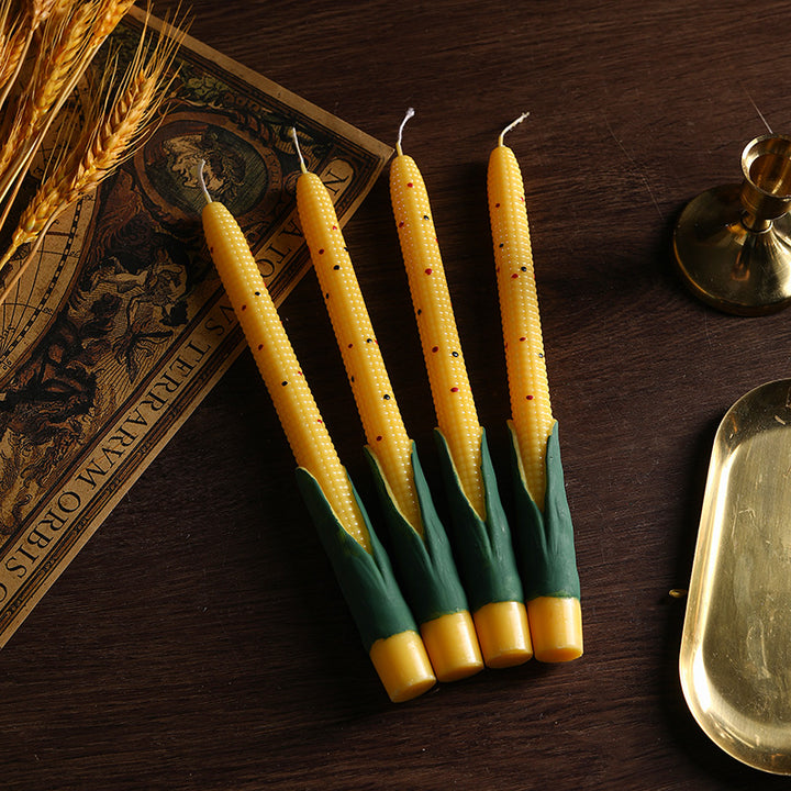Hand-Poured Corn-Shaped Textured Taper Candle Set with Leaf Husk Base