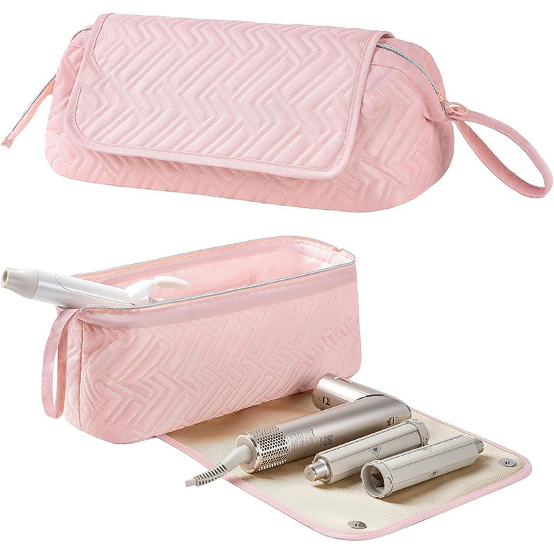 Cosmetic organizer bag with pre-made space for styling tools Bowlift