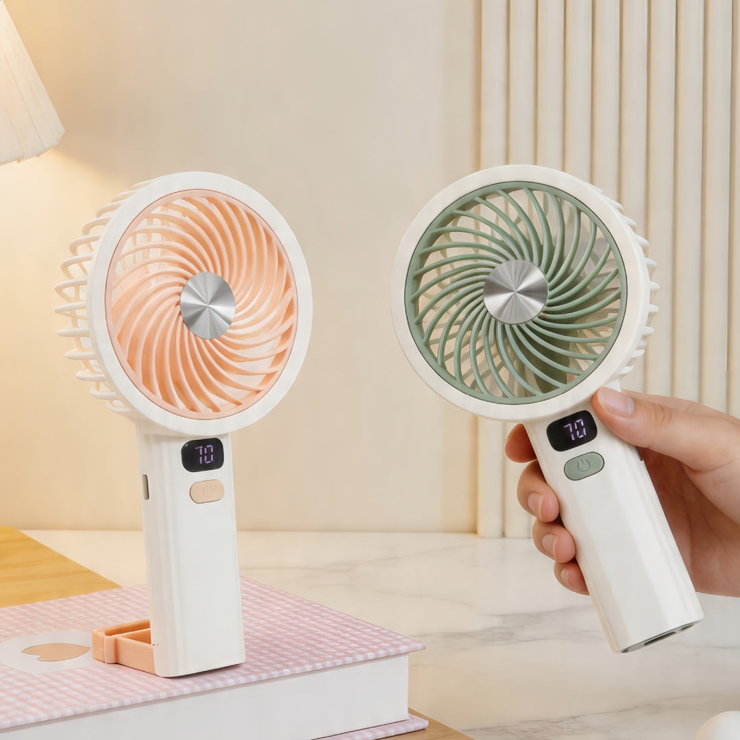 Unisex portable USB hand fan with digital LED display, battery-operated and multi-speed control Bowlift