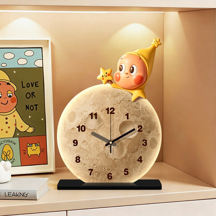 Moon-Shaped Decorative Nightstand Clock with Star Figurine Bowlift