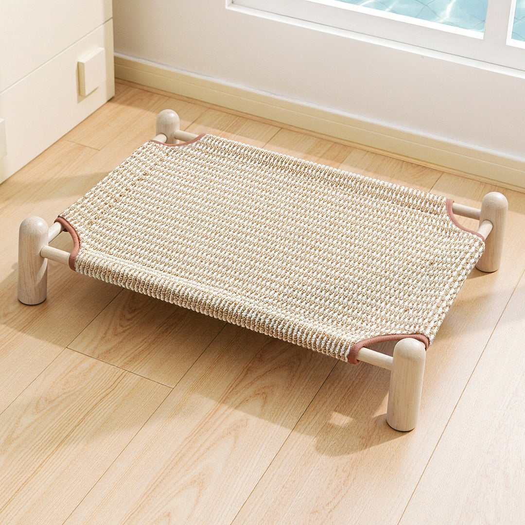 Unisex nan raised wooden pet bed with breathable, woven cover Bowlift
