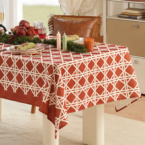 Jacquard-woven tablecloth with geometric pattern and water-repellent surface