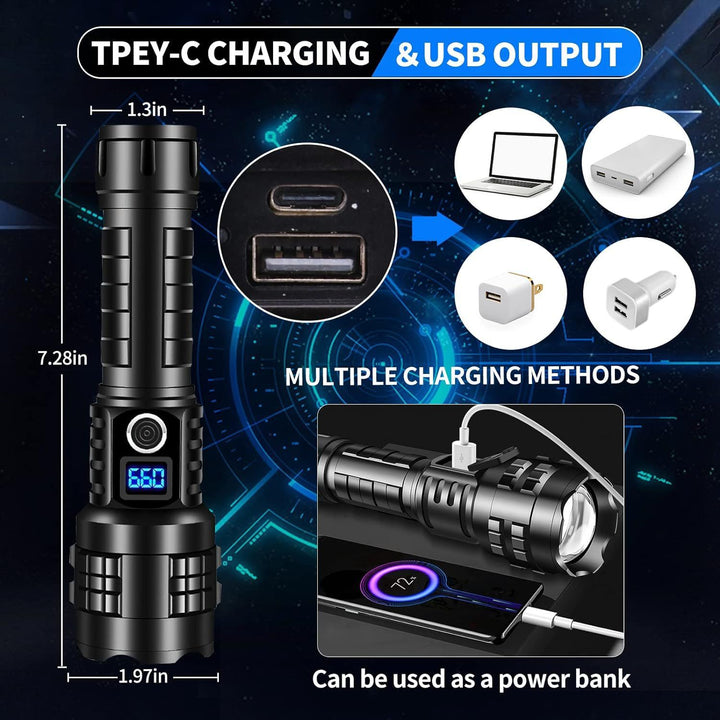 High-Powered Rechargeable Tactical LED Flashlight with Digital Battery Indicator and Zoom Focus Bowlift