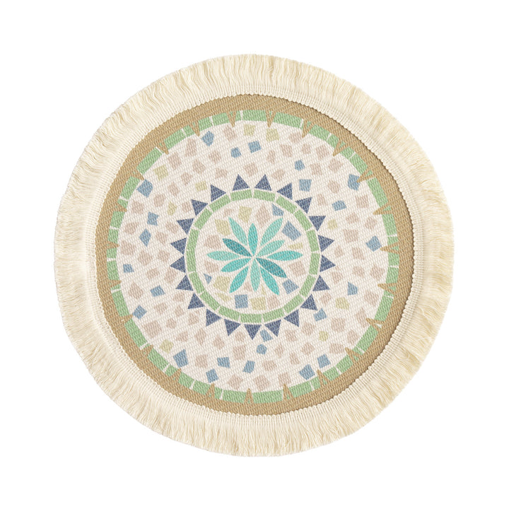 Beef woven rug made of cotton mix with fringes and leaf medallion