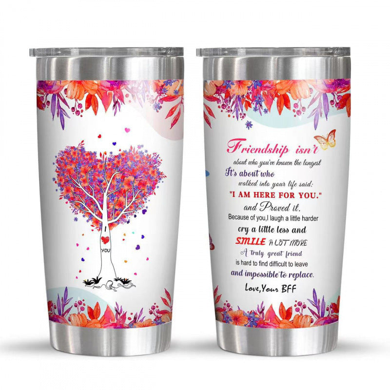 Double-Wall Vacuum Insulated Stainless Steel Travel Tumbler With Spill-Resistant Lid And Printed Cow Sunflower Design