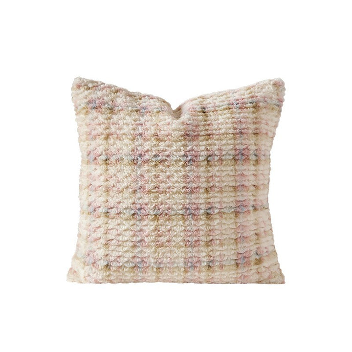 Long lumbar support cushion with patterned bouclé surface and plush trim Bowlift