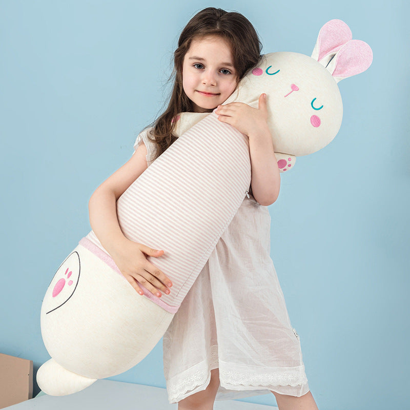 Oversized plush body pillow in bunny shape with ergonomic cuddle head