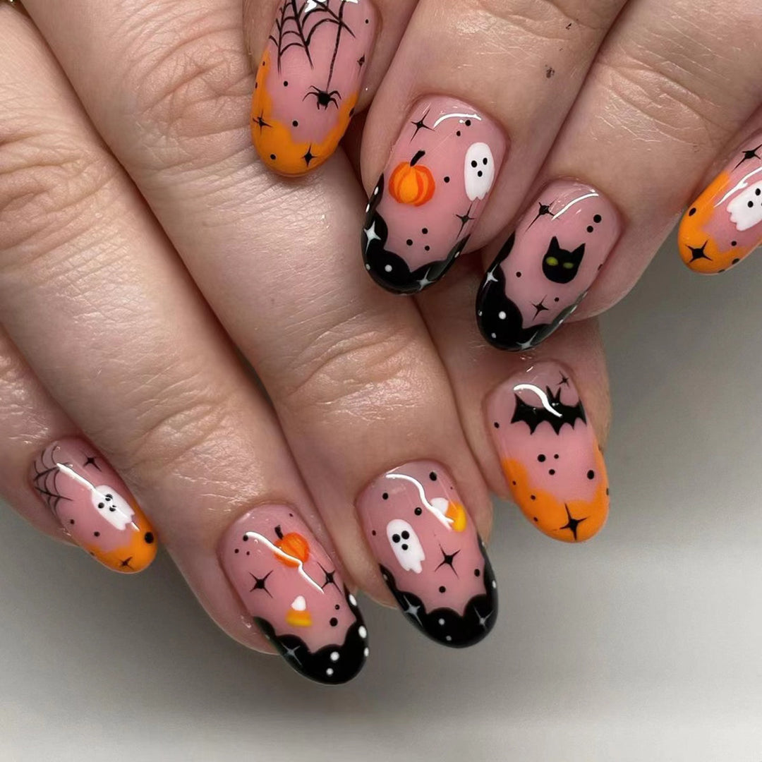 Halloween Fake Nail Set with Creepy Designs and Detailed Decorations Bowlift