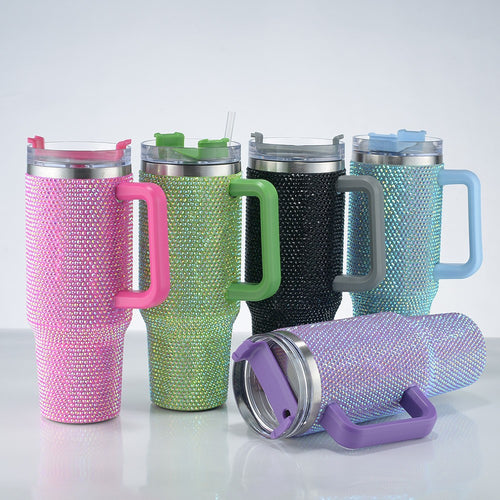 Insulated Stainless Steel Rhinestone Travel Tumbler With Ergonomic Handle And Spill-Resistant Lid