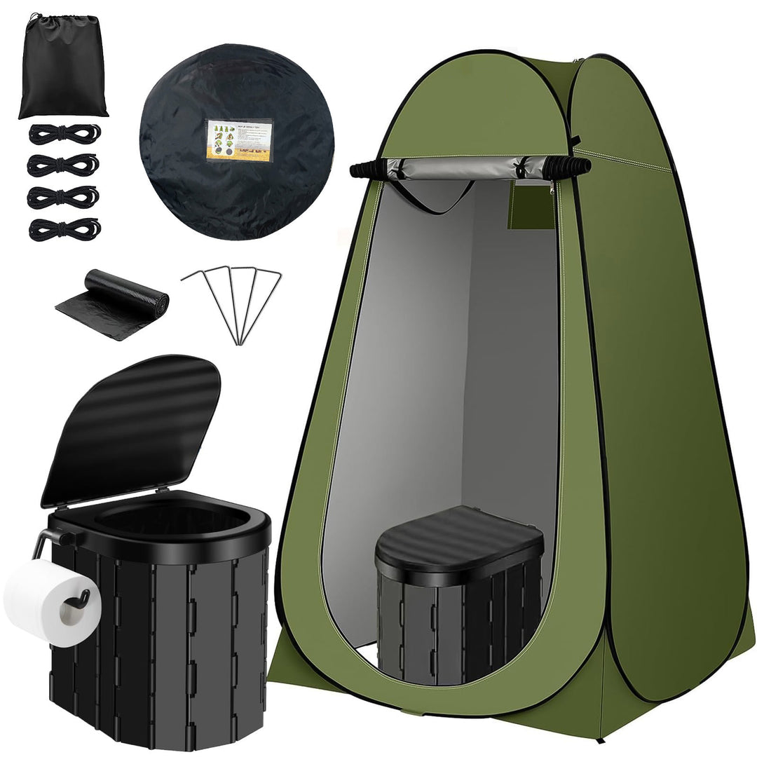 Portable pop-up privacy tent and collapsible camping toilet kit with full accessory set Bowlift