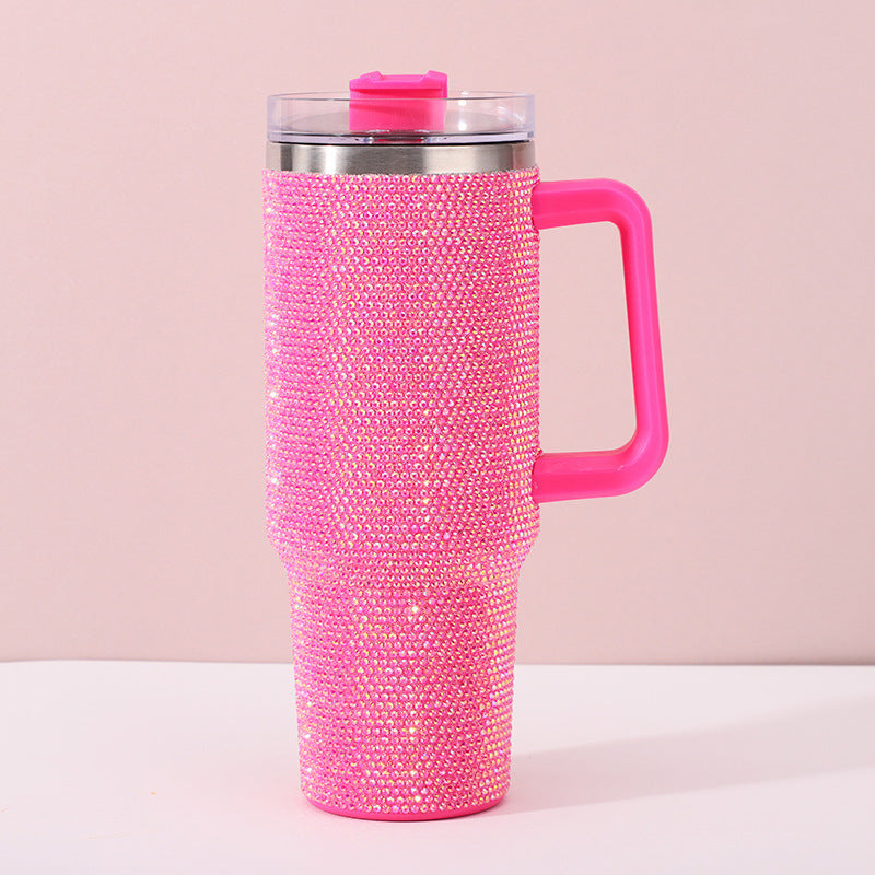 Insulated Stainless Steel Rhinestone Travel Tumbler With Ergonomic Handle And Spill-Resistant Lid