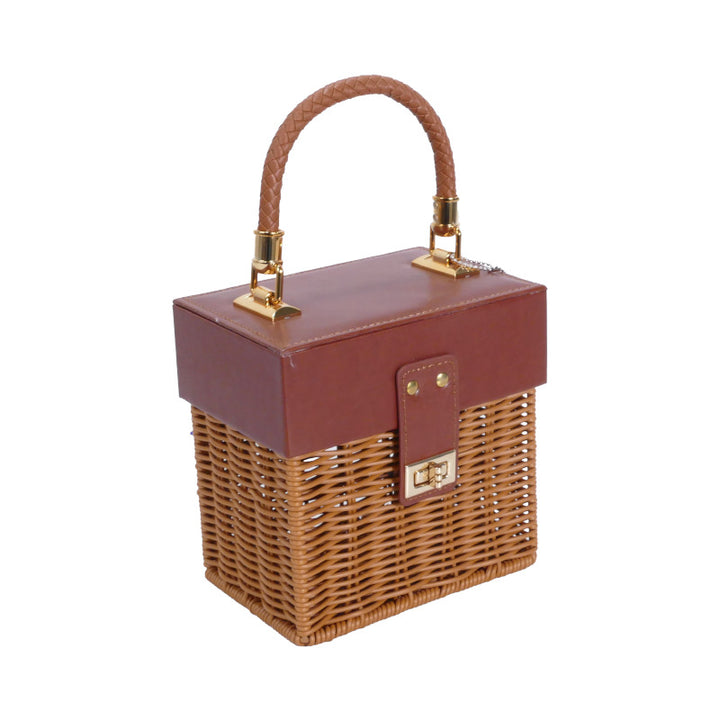 Women Stylish Basket with Elegant Leather Lid and Woven Design Bowlift
