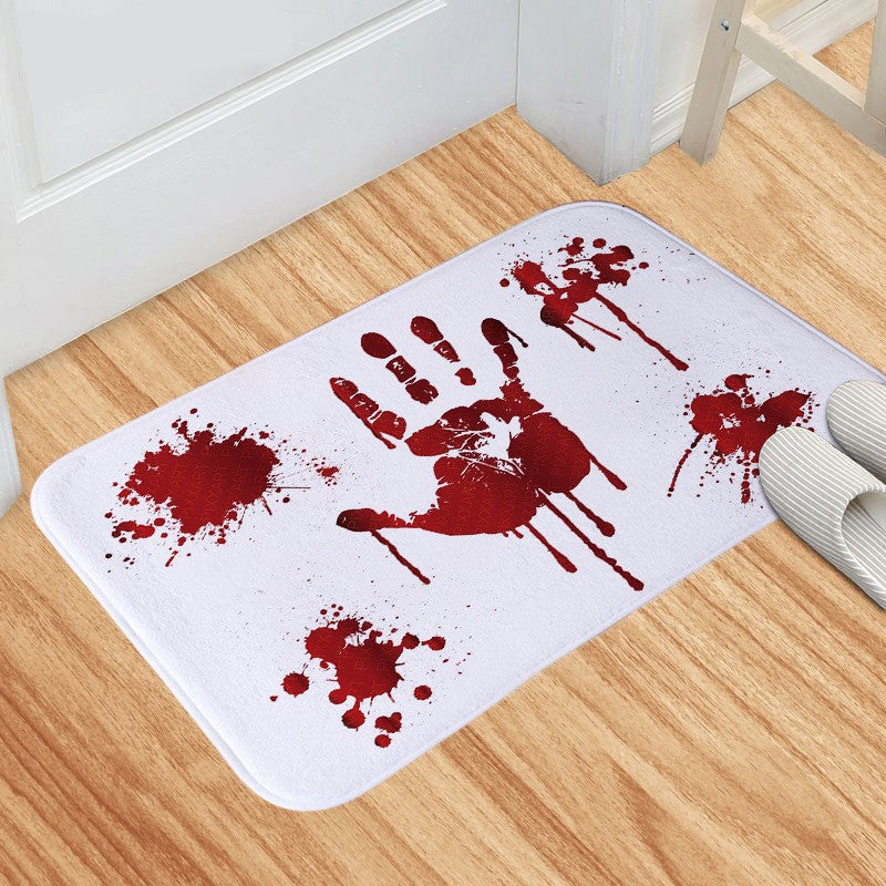 Horror-Themed Non-Slip Memory Foam Bath Mat With Graphic Handprint And Footprint Design