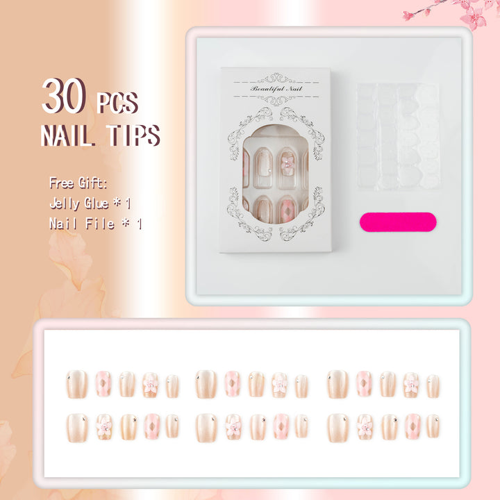 Artificial nail set with floral accents and glitter Bowlift