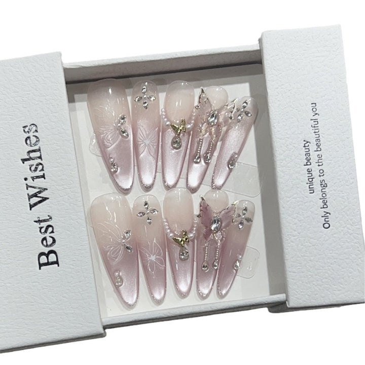 Artistic Stiletto Press-On Nail Design Set with Butterfly and Gemstone Accents Bowlift
