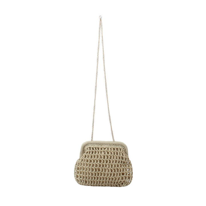 Woven Natural Material Handbag with Fine Chain Accents Bowlift