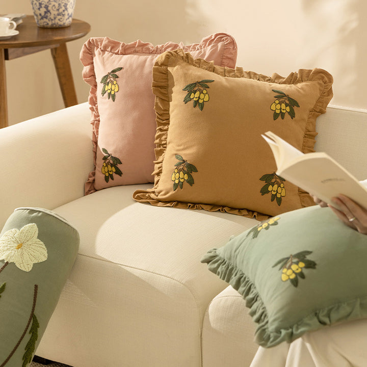Square decorative cushion with frill edge and embroidered berry ornament made of cotton-linen Bowlift