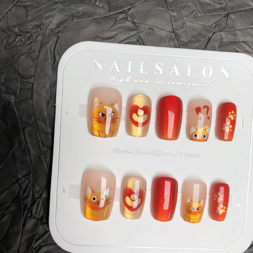 Whimsical Cat-Themed Press-On Nail Art Set