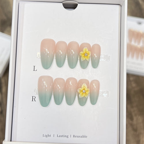 Elegant Ombre Press-On Nail Set with Floral Accents Bowlift