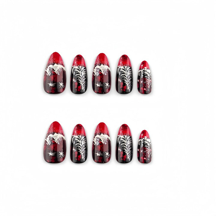 Artificial nails in festive Christmas design with elegant glitter Bowlift