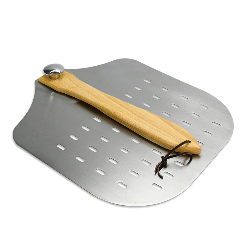 perforated stainless steel pizza peel with ergonomic wooden handle Bowlift