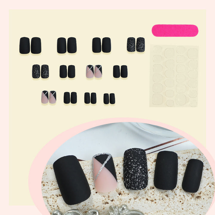 Matte Finish Press-On Nail Set with Glamorous Black and Sparkly Designs Bowlift