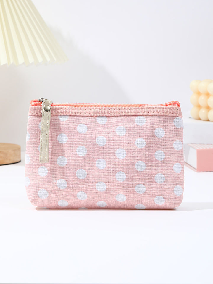 Canvas polka dot cosmetic pouch with zippered faux leather pull Bowlift