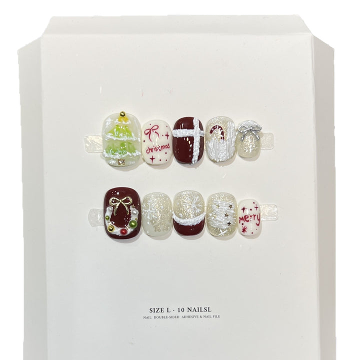 Festive Holiday-Themed Press-On Nail Art Set Bowlift