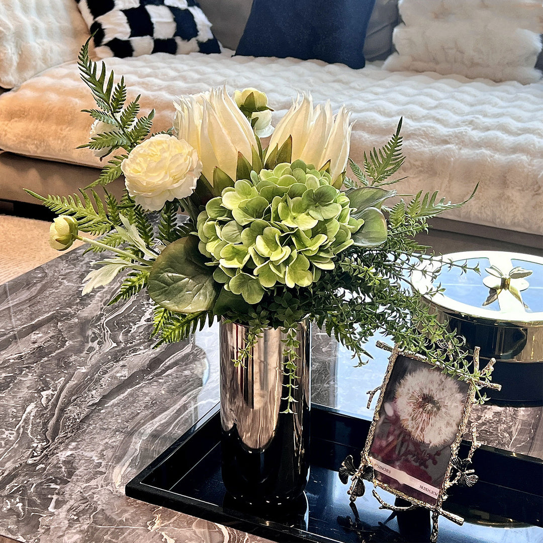 Mirrored Tall Cylindrical Decorative Metal Vase with Faux Hydrangea and Protea Arrangement
