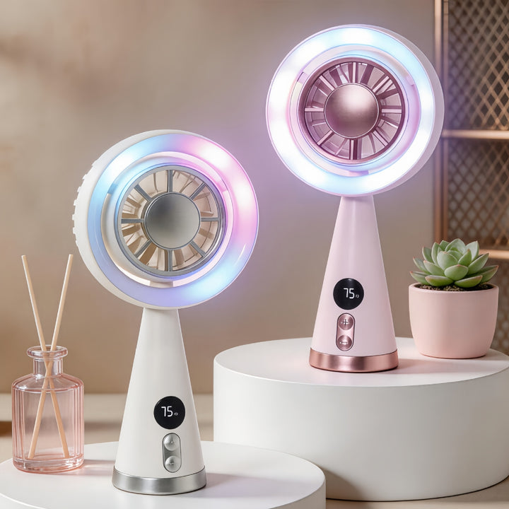 Women's Portable Mini Fan with LED Lighting and Digital Speed Display Bowlift