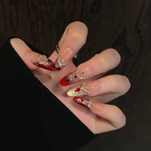 Decorative Stiletto Press-On Nail Set with Gemstone Accents Bowlift