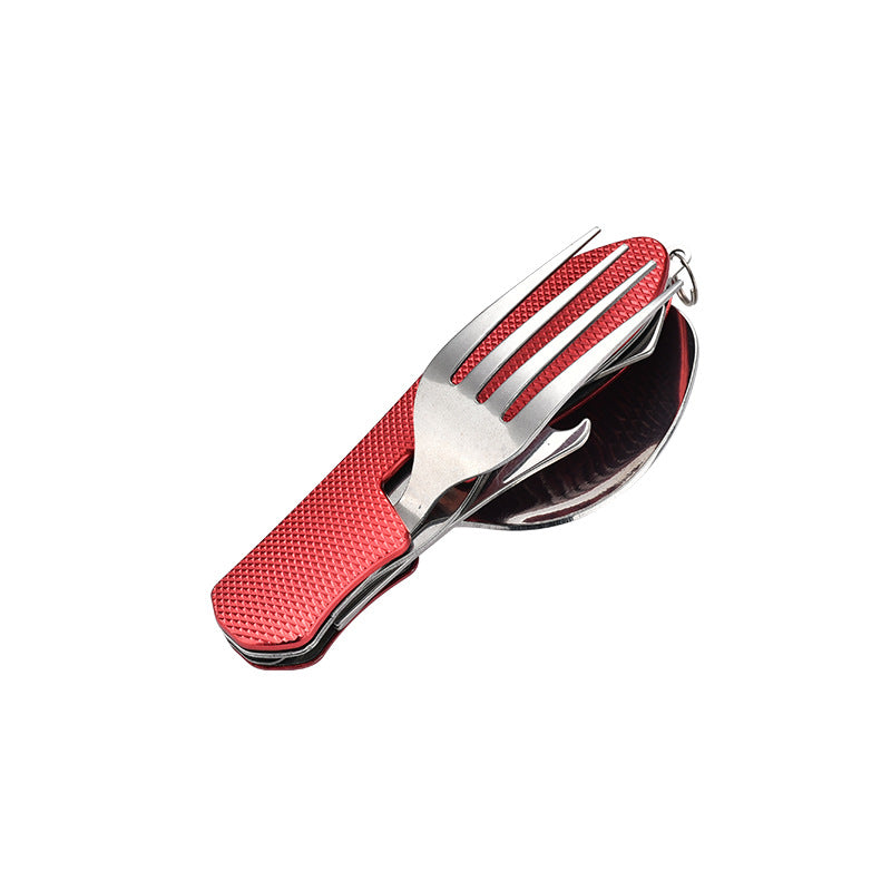 folding stainless steel camping cutlery set with textured grip locking hinge and compact travel clip Bowlift