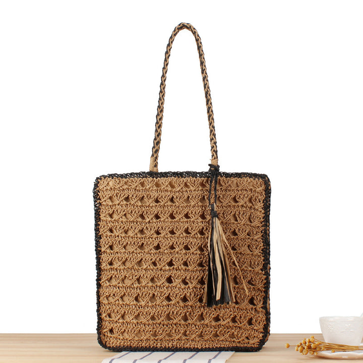 Trendy Braided Beach Bag with Tassels and Sturdy Design Bowlift