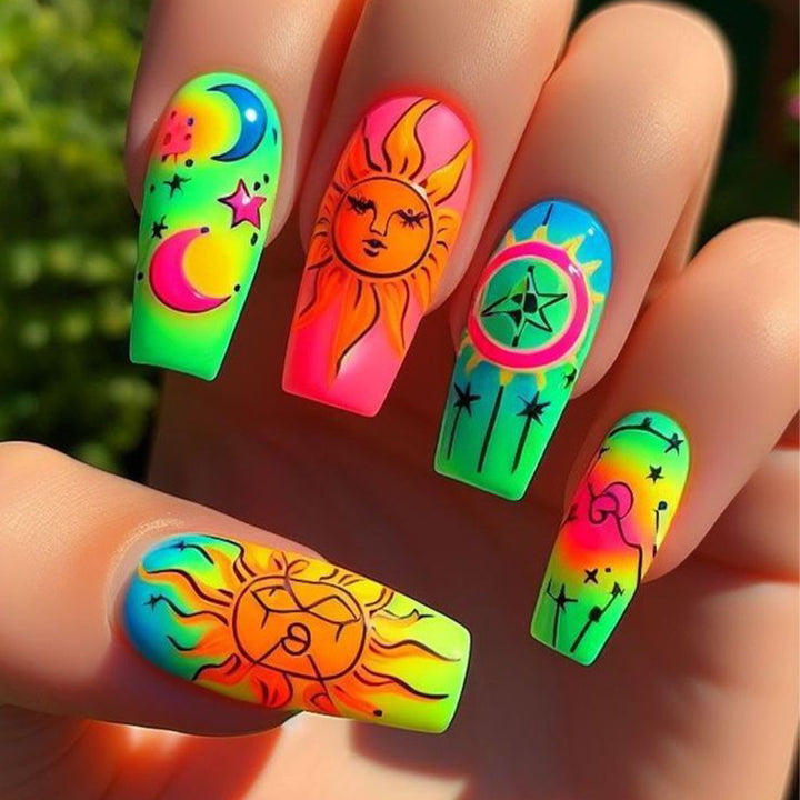 Creative neon-themed art nails with fantastic patterns Bowlift