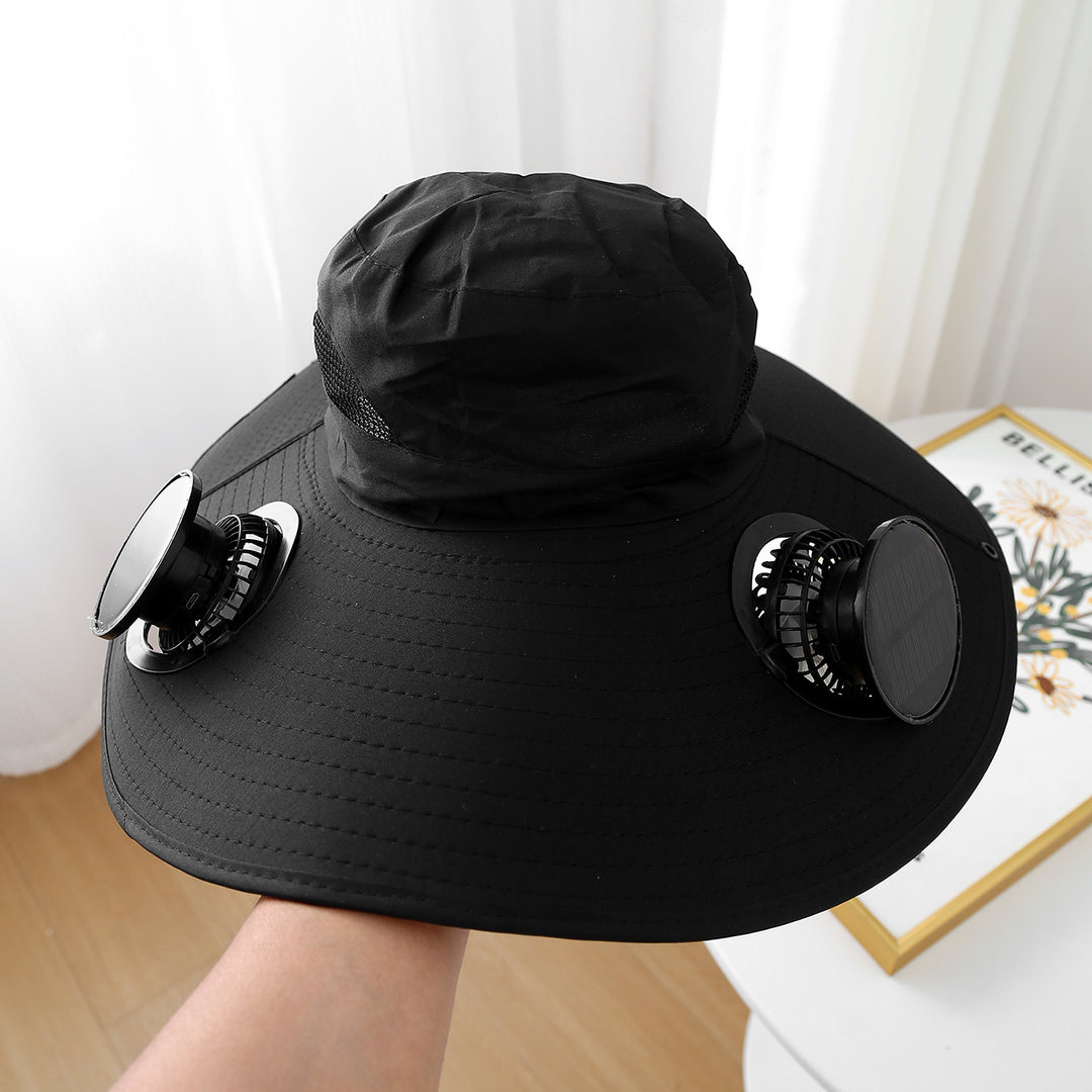 Wide sun hat with integrated solar fans breathable mesh adjustable chin strap Bowlift