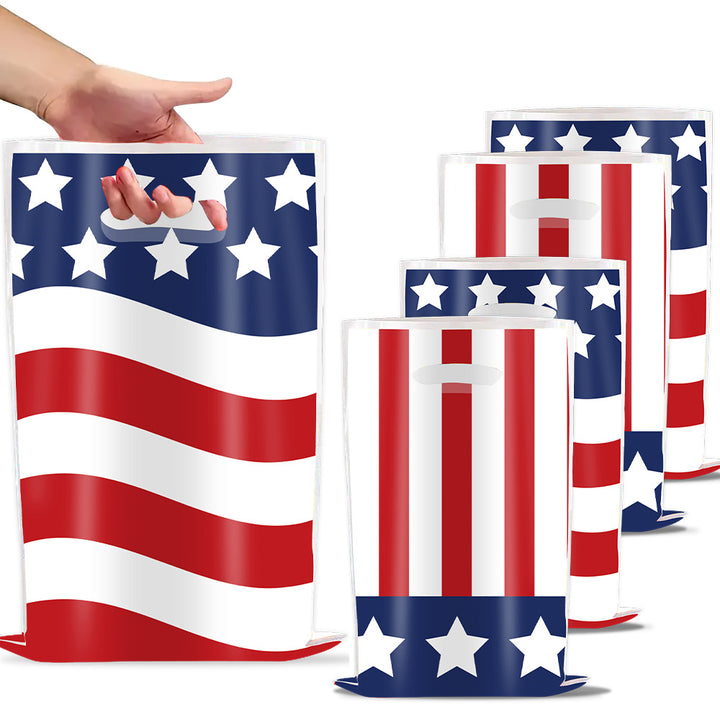 Unisex nan gift bags set with USA flag motif made of sturdy plastic and integrated handle ten pack Bowlift