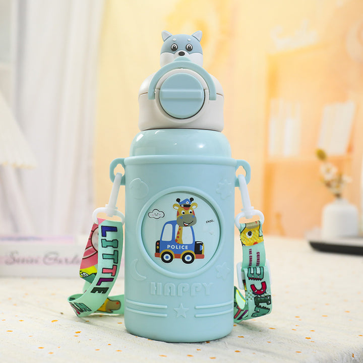 Women's Insulated Drinking Bottle with Cheerful Frog Design and Practical Carry Strap Bowlift