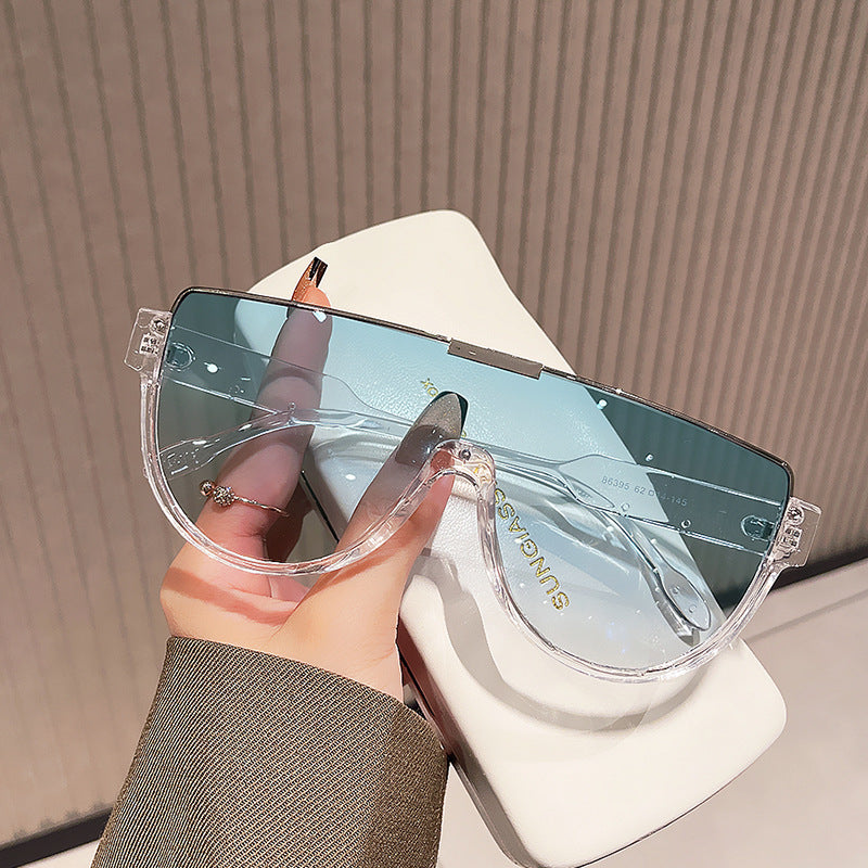 Women futuristic oversized sunglasses with clear full-rim frame Bowlift