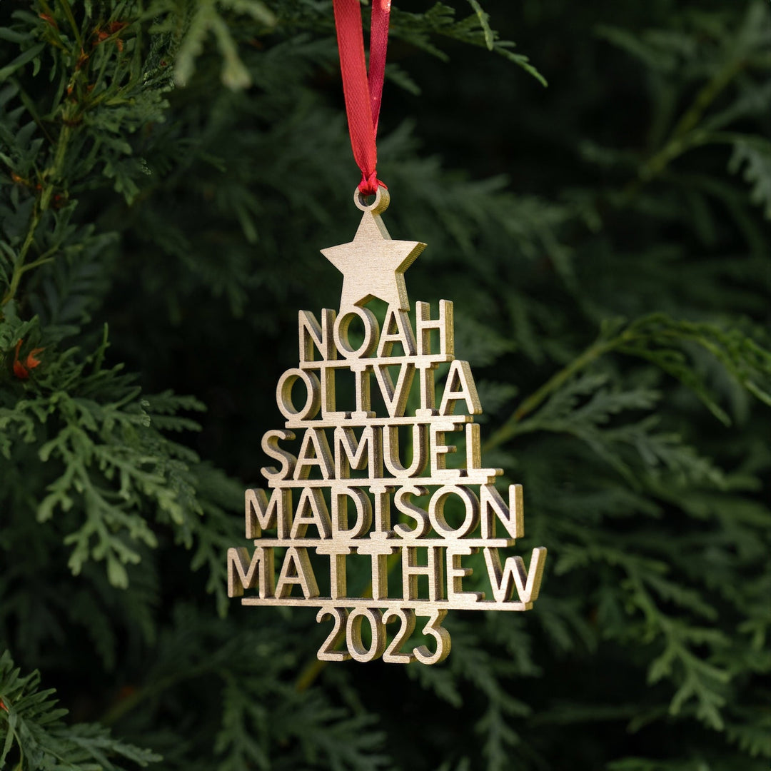 Laser-Cut Wooden Stacked-Name Christmas Tree Ornament With Customizable Family Name Tiers And Hanging Loop