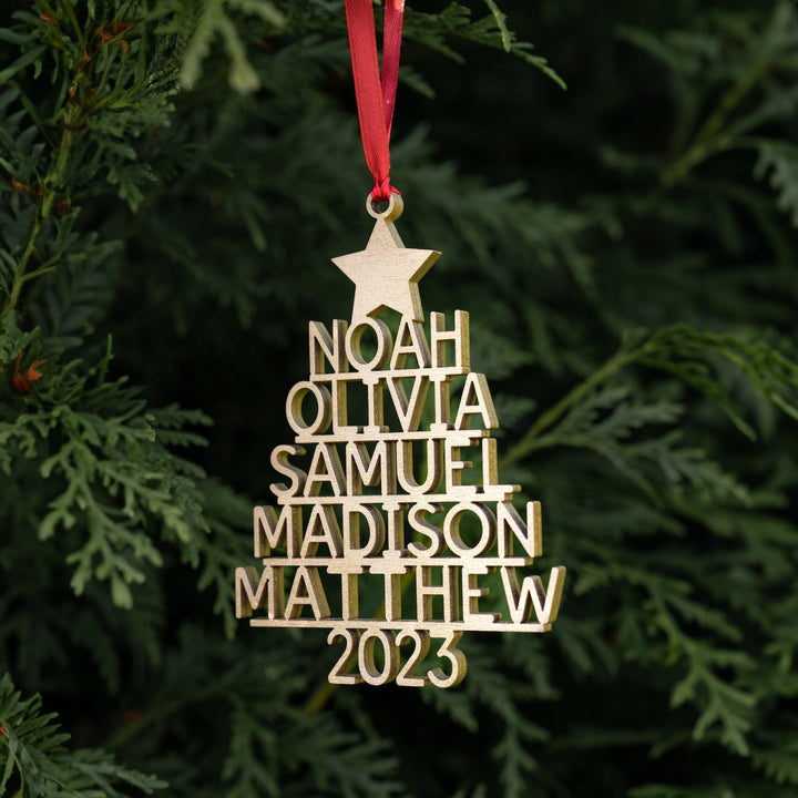 Laser-Cut Wooden Stacked-Name Christmas Tree Ornament With Customizable Family Name Tiers And Hanging Loop