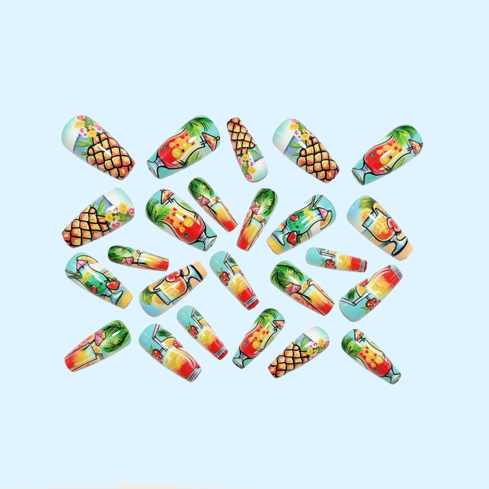 Artificial nail set with tropical drink motif and colorful accents Bowlift