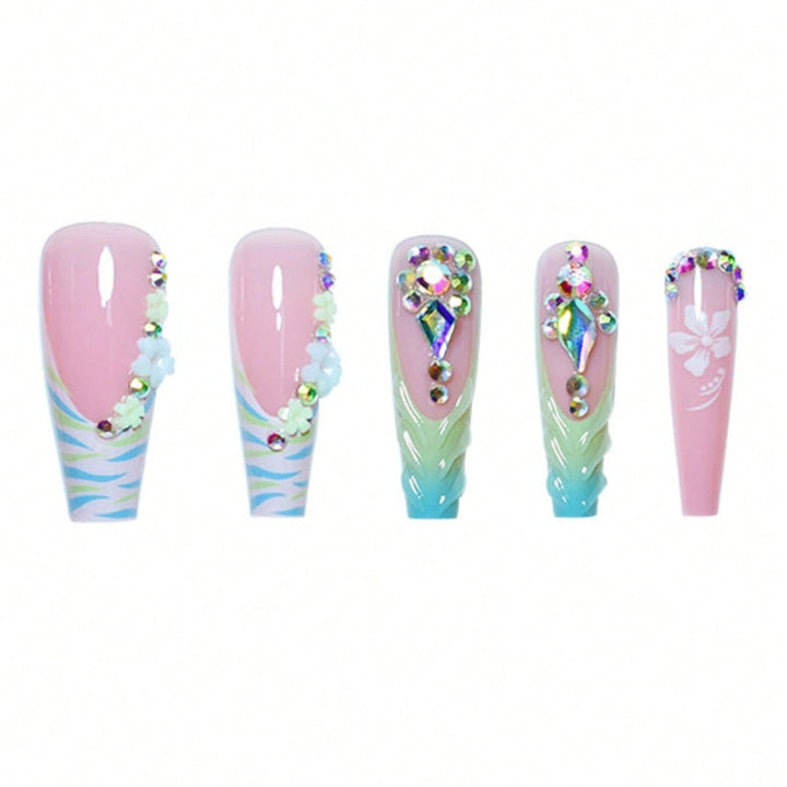 Decorative Long Press-On Nail Art with Gemstone Accents Bowlift
