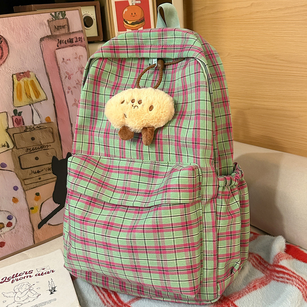 Backpack with Practical Check Pattern and Cute Plush Pendant Bowlift