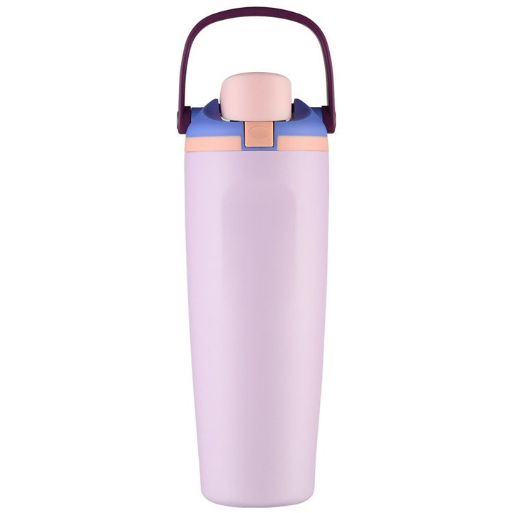 Unisex double-walled vacuum drinking bottle made of stainless steel with one-handed click closure and carrying handle Bowlift