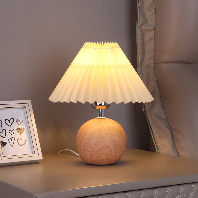 Mid-Century Round Wood Base Pleated Fabric Shade Bedside Lamp Bowlift