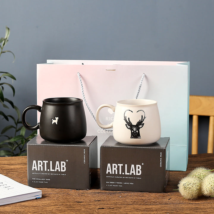 Matte Ceramic Tapered Round Coffee Mug With Deer Head Antler Graphic And Oversized Ergonomic Handle