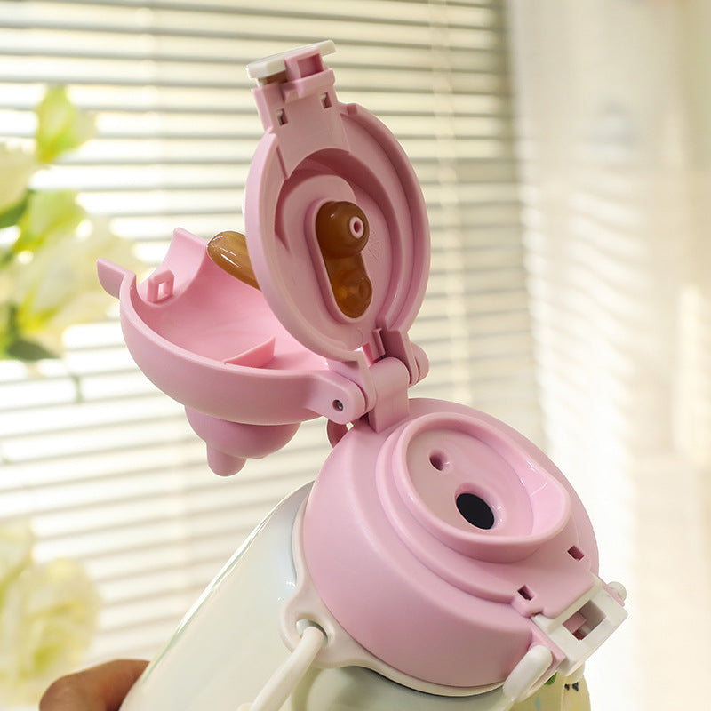 Women's insulated drink bottle with practical carrying strap and cute cat design Bowlift