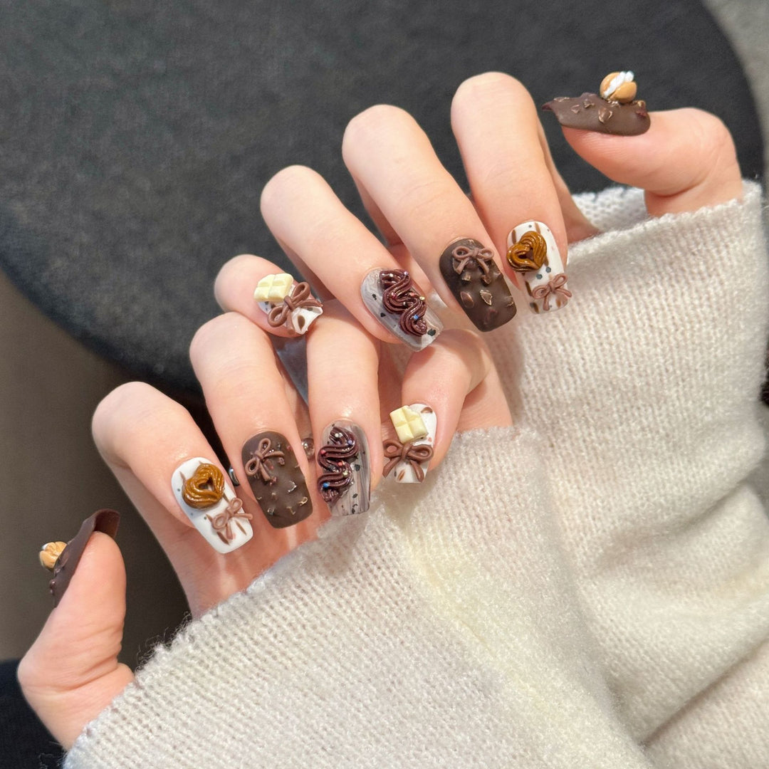 Artistic Chocolate-Themed Press-On Nail Art Set