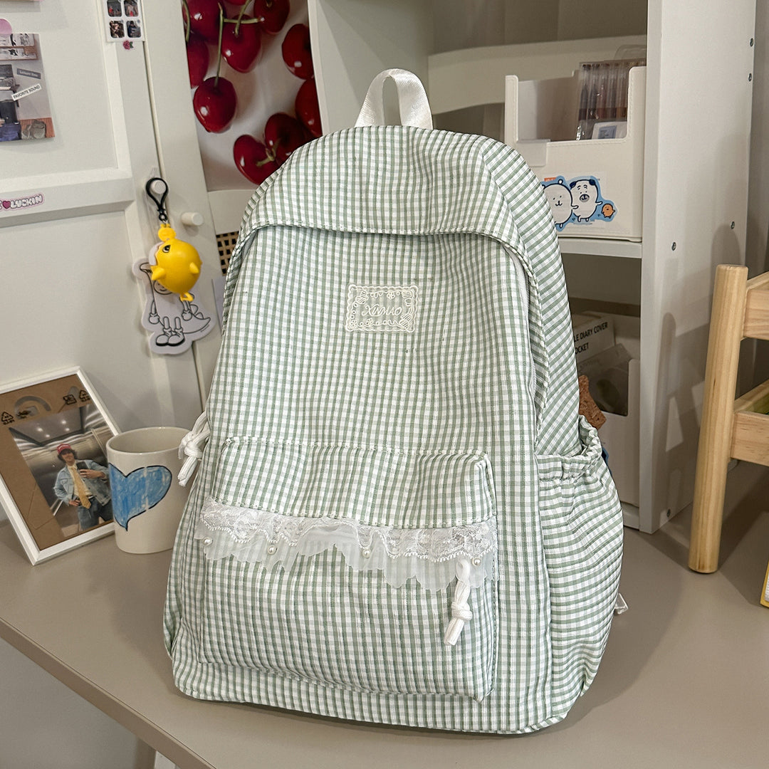 Charming Striped Lace-Trimmed Backpack Bowlift