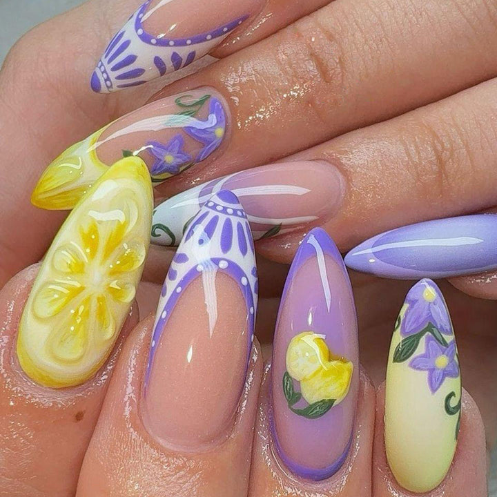 Artificial nails with creative lemon and lilac design Bowlift